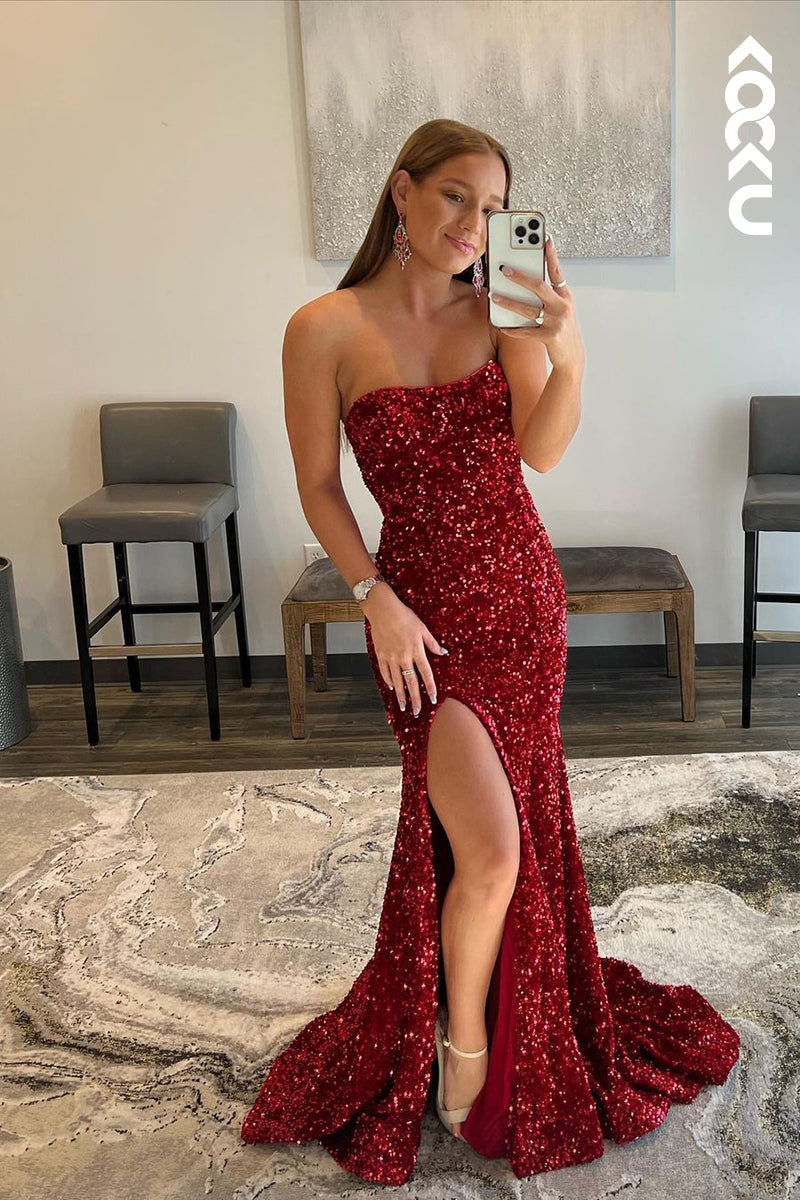 L1288 - Sheath/Column Strapless Sequined Split Sleeveless Prom Evening Formal Dress