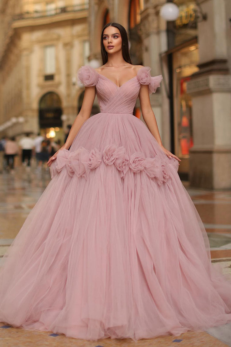 L1297 - Floral Off-Shoulder V-Neck Ruched Tulle Ball Prom Evening Formal Dress