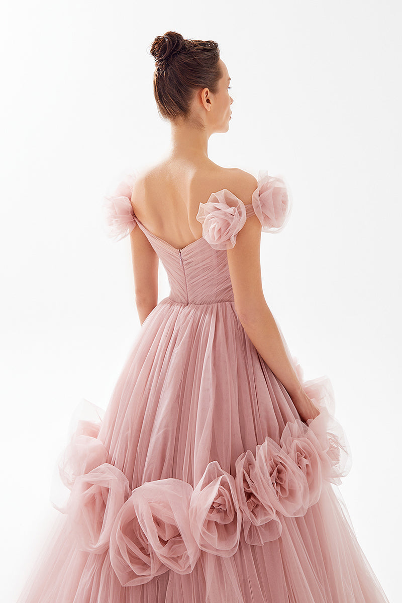 L1297 - Floral Off-Shoulder V-Neck Ruched Tulle Ball Prom Evening Formal Dress