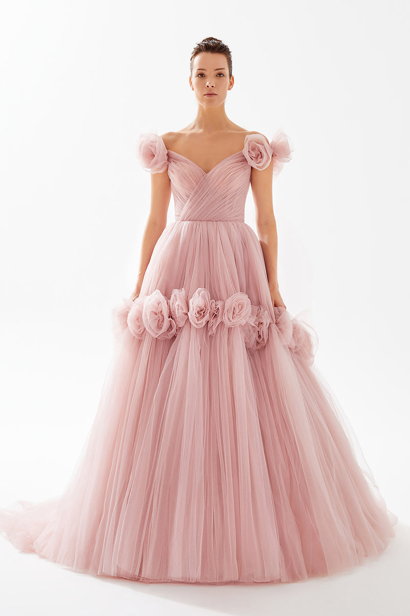 L1297 - Floral Off-Shoulder V-Neck Ruched Tulle Ball Prom Evening Formal Dress