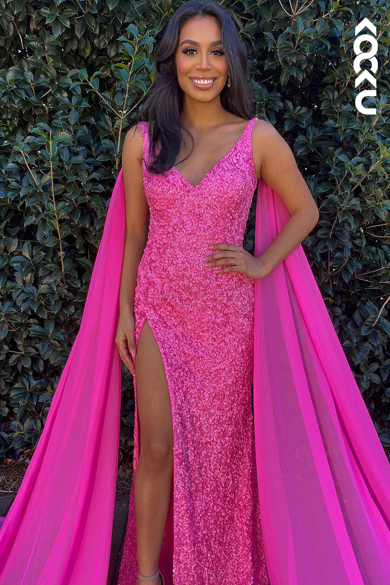 L1299 - Sheath/Column V-Neck Sequined Split Sleeveless Prom Evening Formal Dress