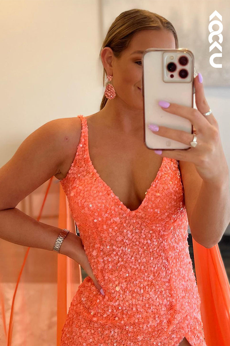 L1299 - Sheath/Column V-Neck Sequined Split Sleeveless Prom Evening Formal Dress