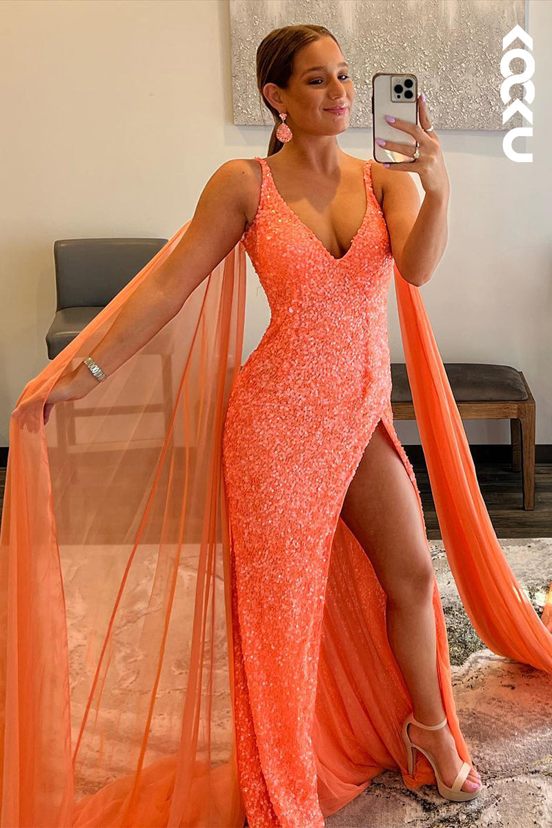 L1299 - Sheath/Column V-Neck Sequined Split Sleeveless Prom Evening Formal Dress