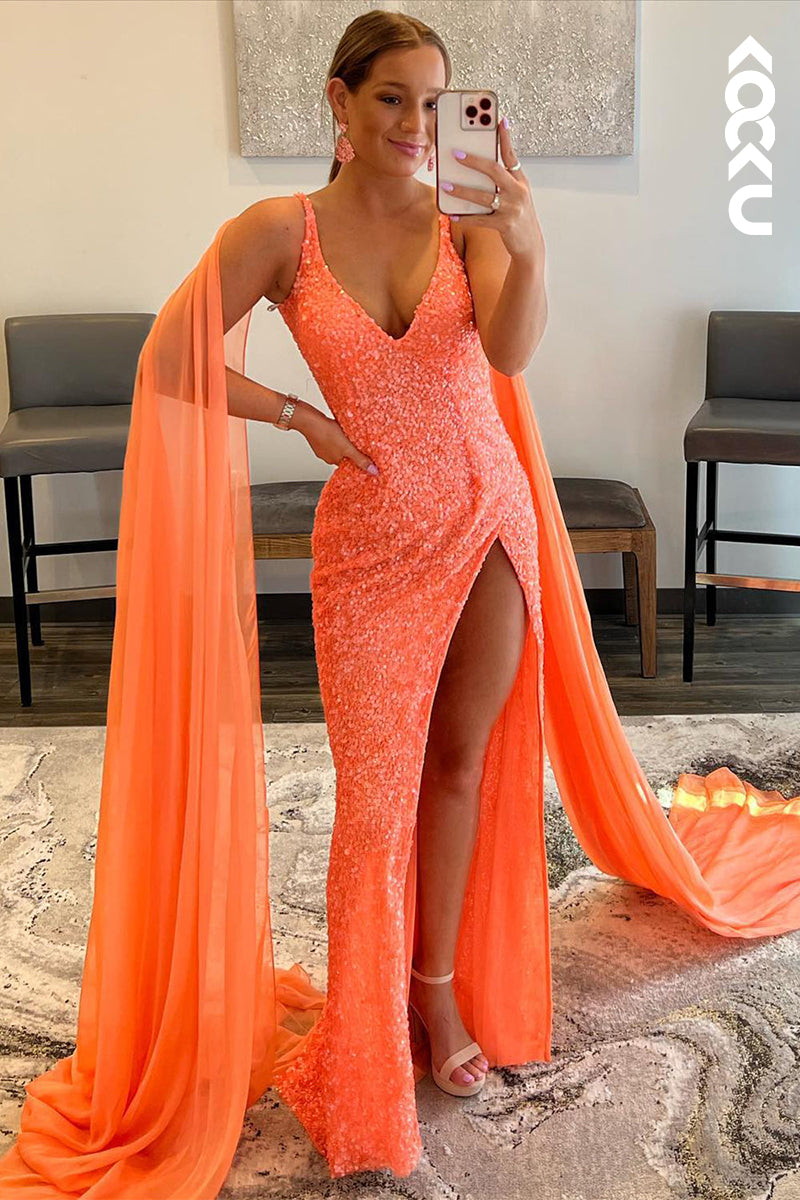 L1299 - Sheath/Column V-Neck Sequined Split Sleeveless Prom Evening Formal Dress