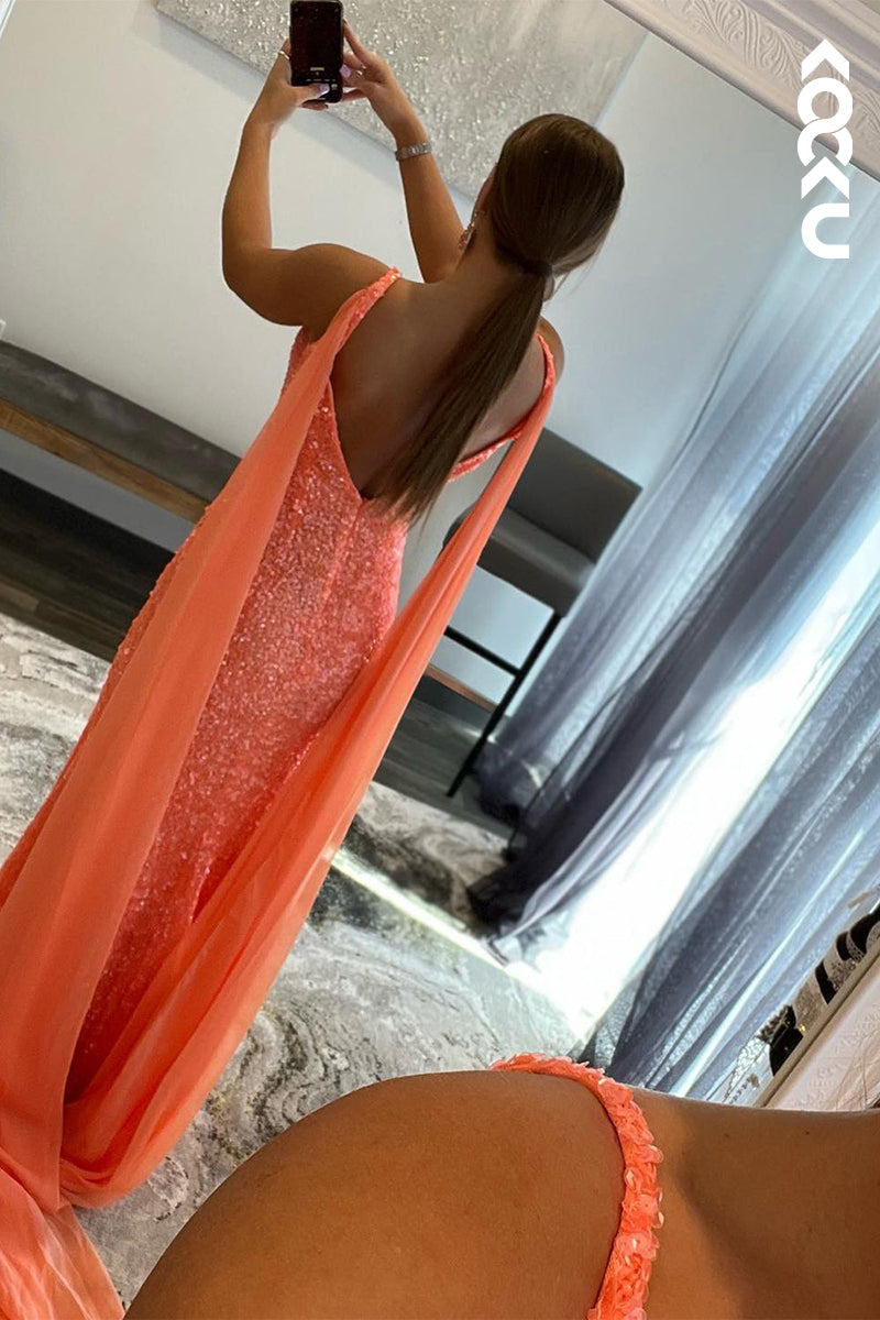 L1299 - Sheath/Column V-Neck Sequined Split Sleeveless Prom Evening Formal Dress