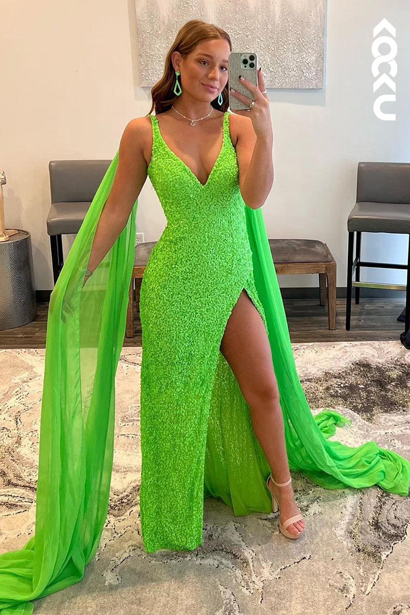 L1299 - Sheath/Column V-Neck Sequined Split Sleeveless Prom Evening Formal Dress