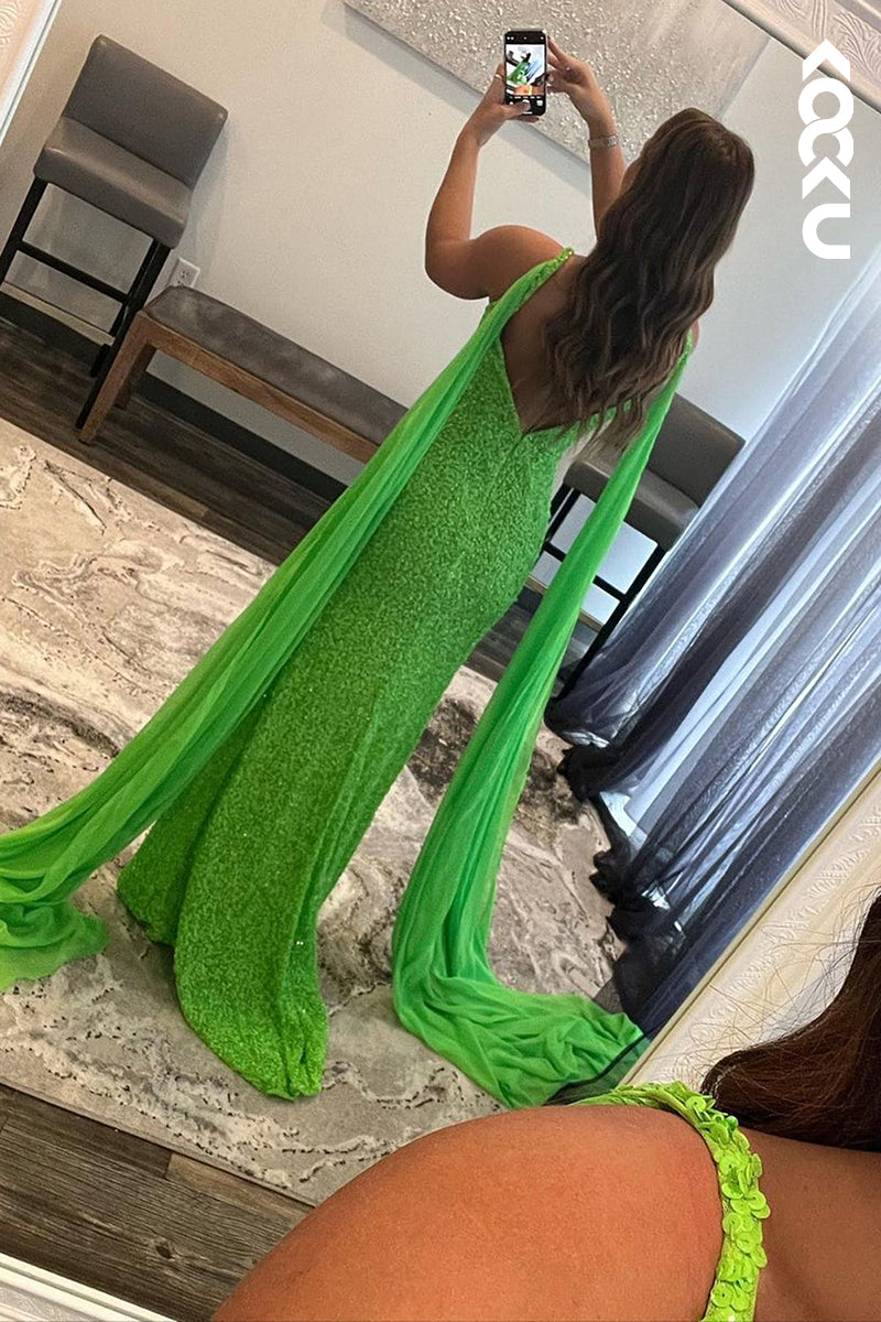 L1299 - Sheath/Column V-Neck Sequined Split Sleeveless Prom Evening Formal Dress