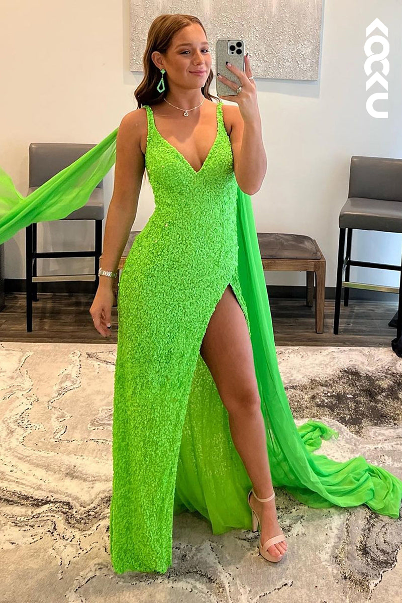L1299 - Sheath/Column V-Neck Sequined Split Sleeveless Prom Evening Formal Dress