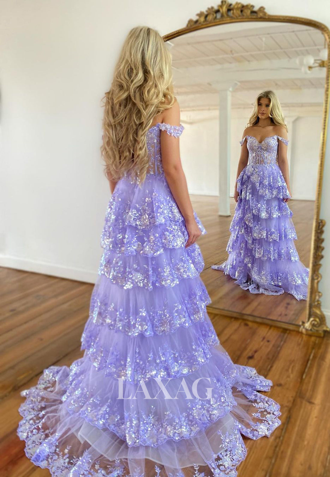 22129 - A-Line Off Shoulder Appliques illusion  High Slit Party Prom Formal Evening Dress
