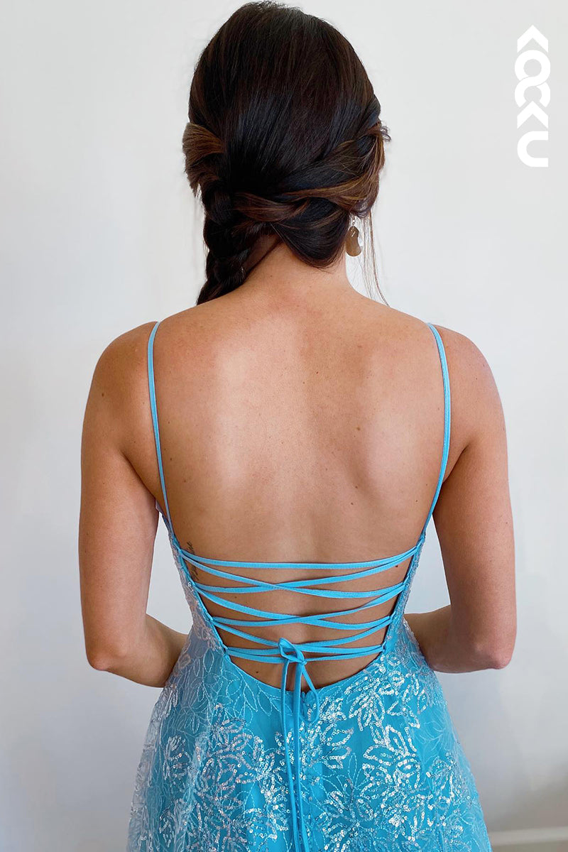 L1312 - A-Line V-Neck Tulle Appliques Backless Prom Evening Formal Dress