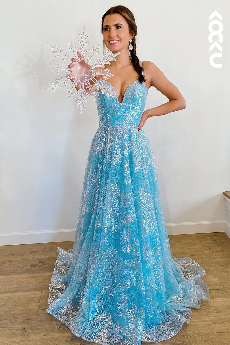 L1312 - A-Line V-Neck Tulle Appliques Backless Prom Evening Formal Dress