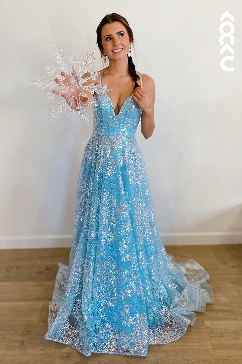 L1312 - A-Line V-Neck Tulle Appliques Backless Prom Evening Formal Dress