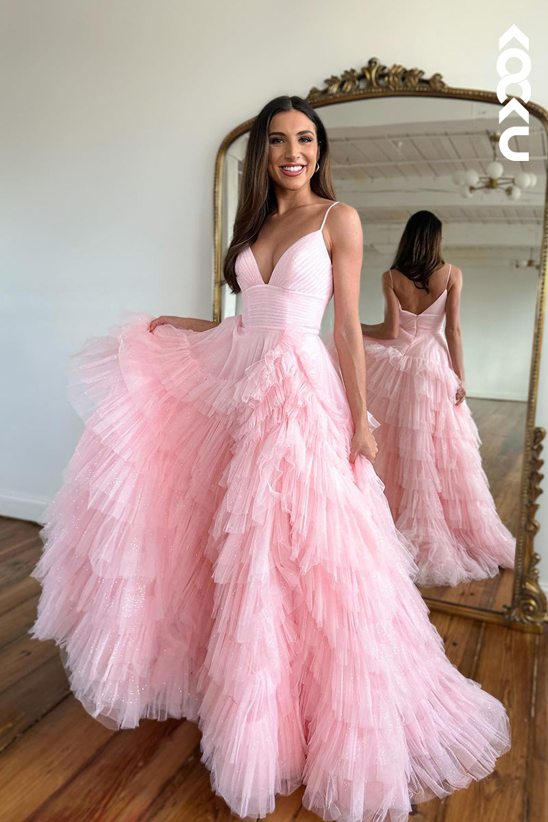 L1313 - A-Line V-Neck Tulle Ruffles Sleeveless Prom Evening Formal Dress