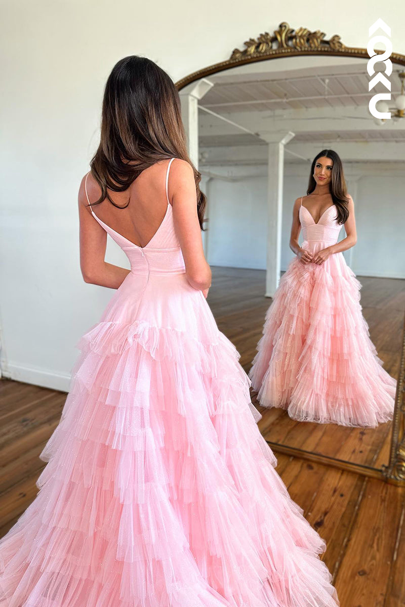 L1313 - A-Line V-Neck Tulle Ruffles Sleeveless Prom Evening Formal Dress