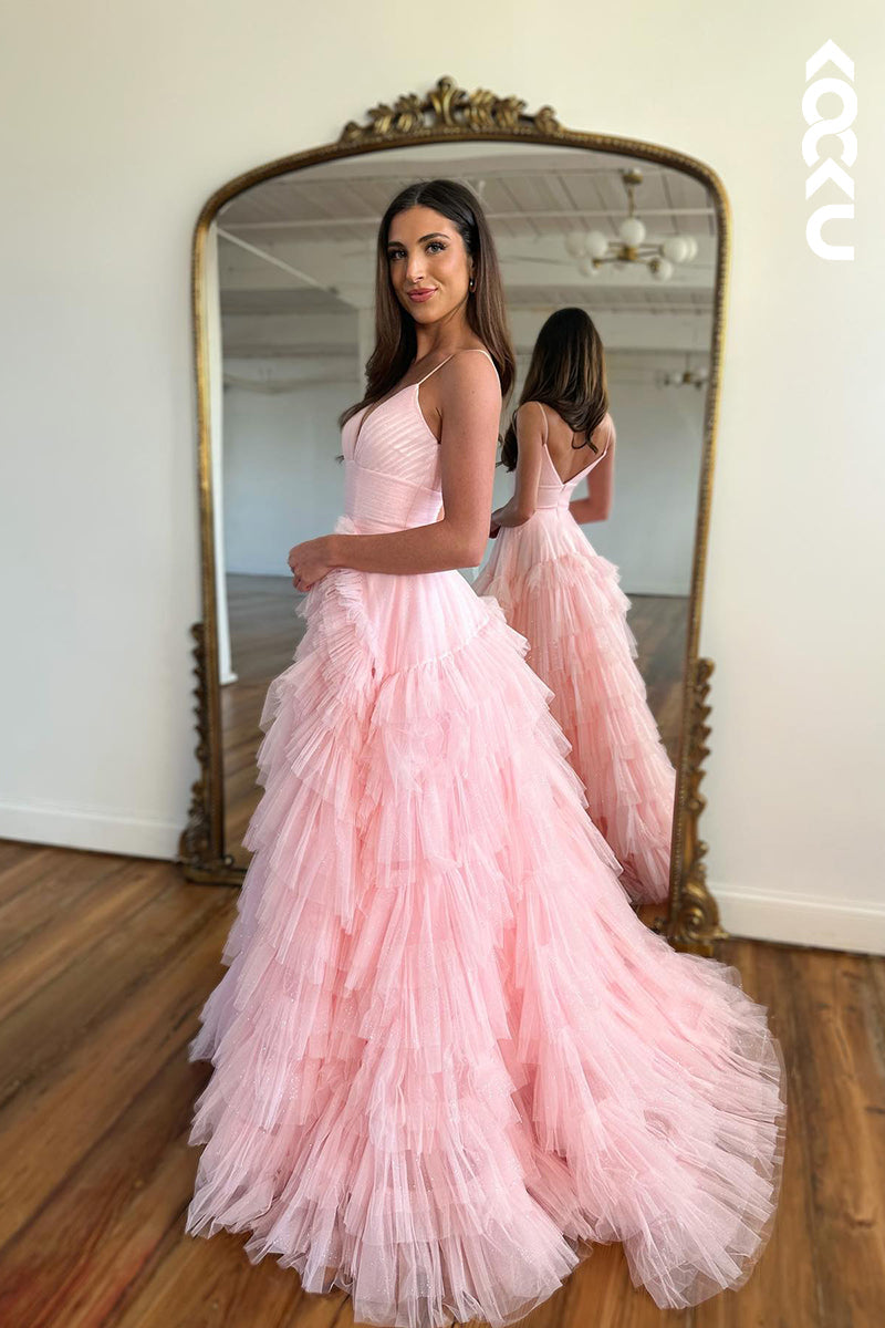 L1313 - A-Line V-Neck Tulle Ruffles Sleeveless Prom Evening Formal Dress