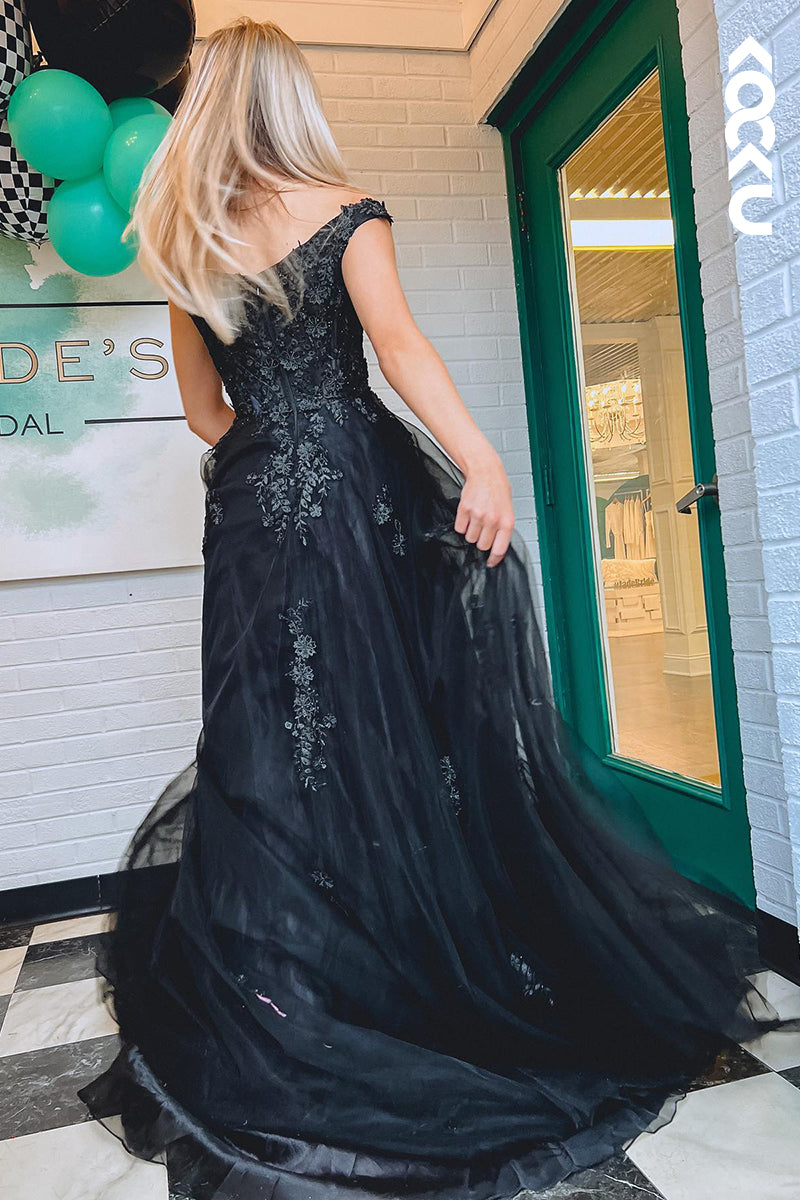 L1316 - A-Line Off-Shoulder Tulle Appliques Sleeveless Prom Evening Formal Dress