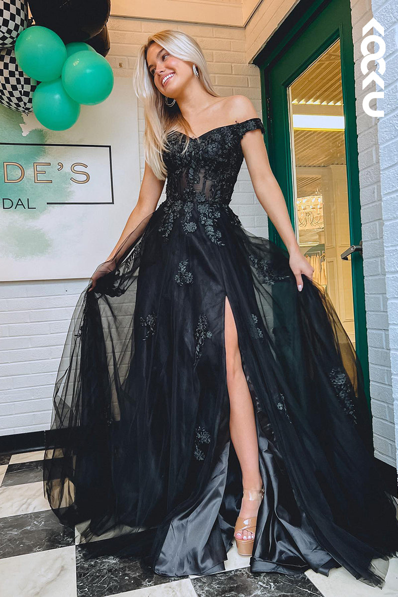 L1316 - A-Line Off-Shoulder Tulle Appliques Sleeveless Prom Evening Formal Dress