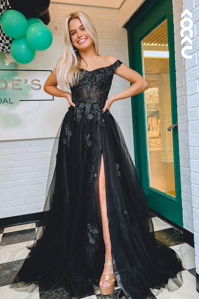 L1316 - A-Line Off-Shoulder Tulle Appliques Sleeveless Prom Evening Formal Dress