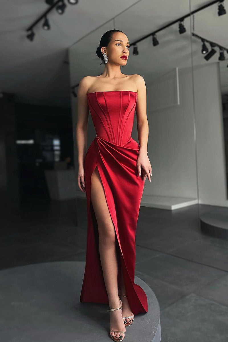 L1317 - Sheath/Column Strapless Ruched Satin Split Prom Evening Formal Dress