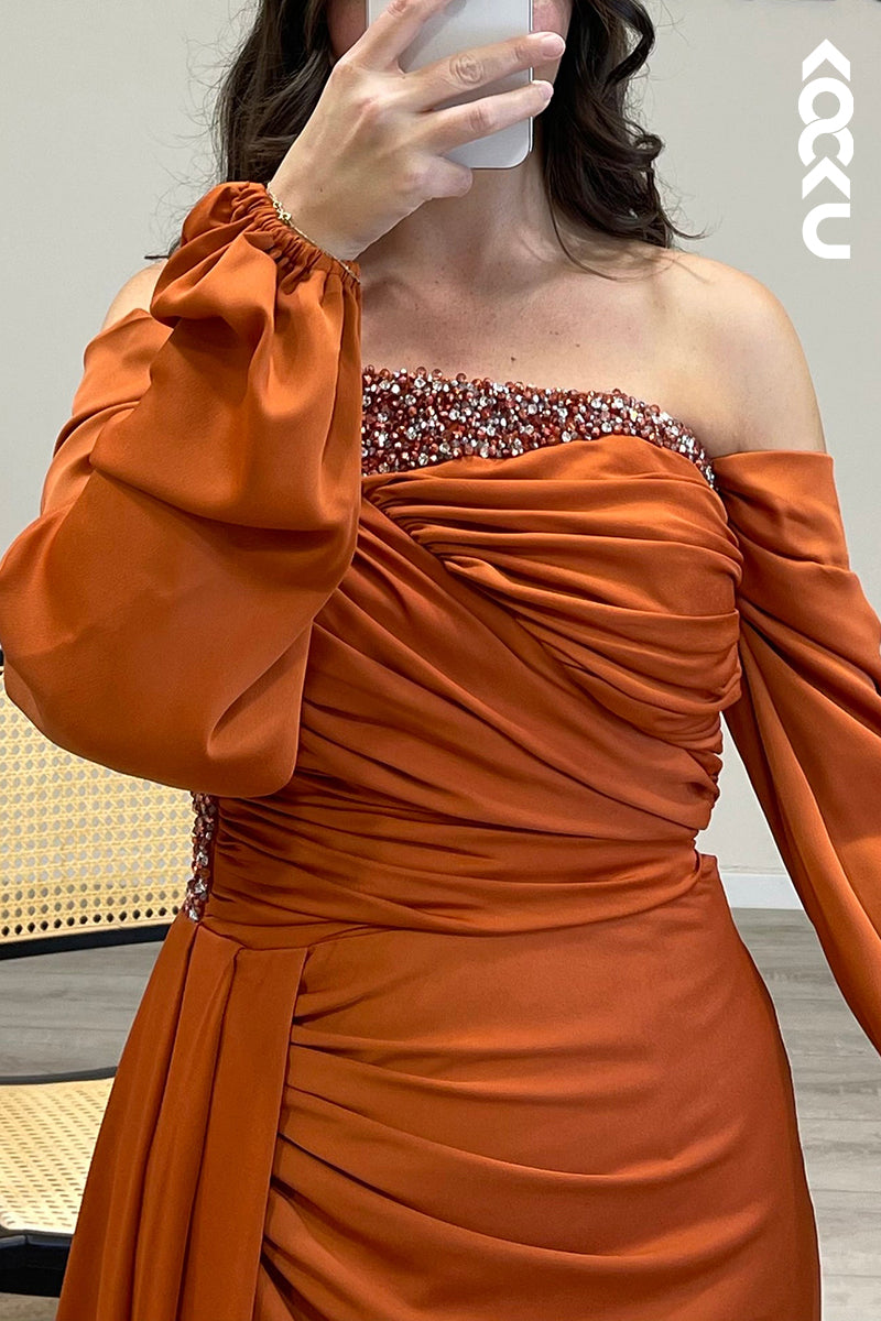 L1319 - Sheath/Column Off Shoulder Beaded Satin Long Formal Dress for Wedding