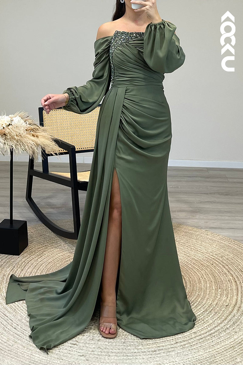 L1319 - Sheath/Column Off Shoulder Beaded Satin Long Formal Dress for Wedding