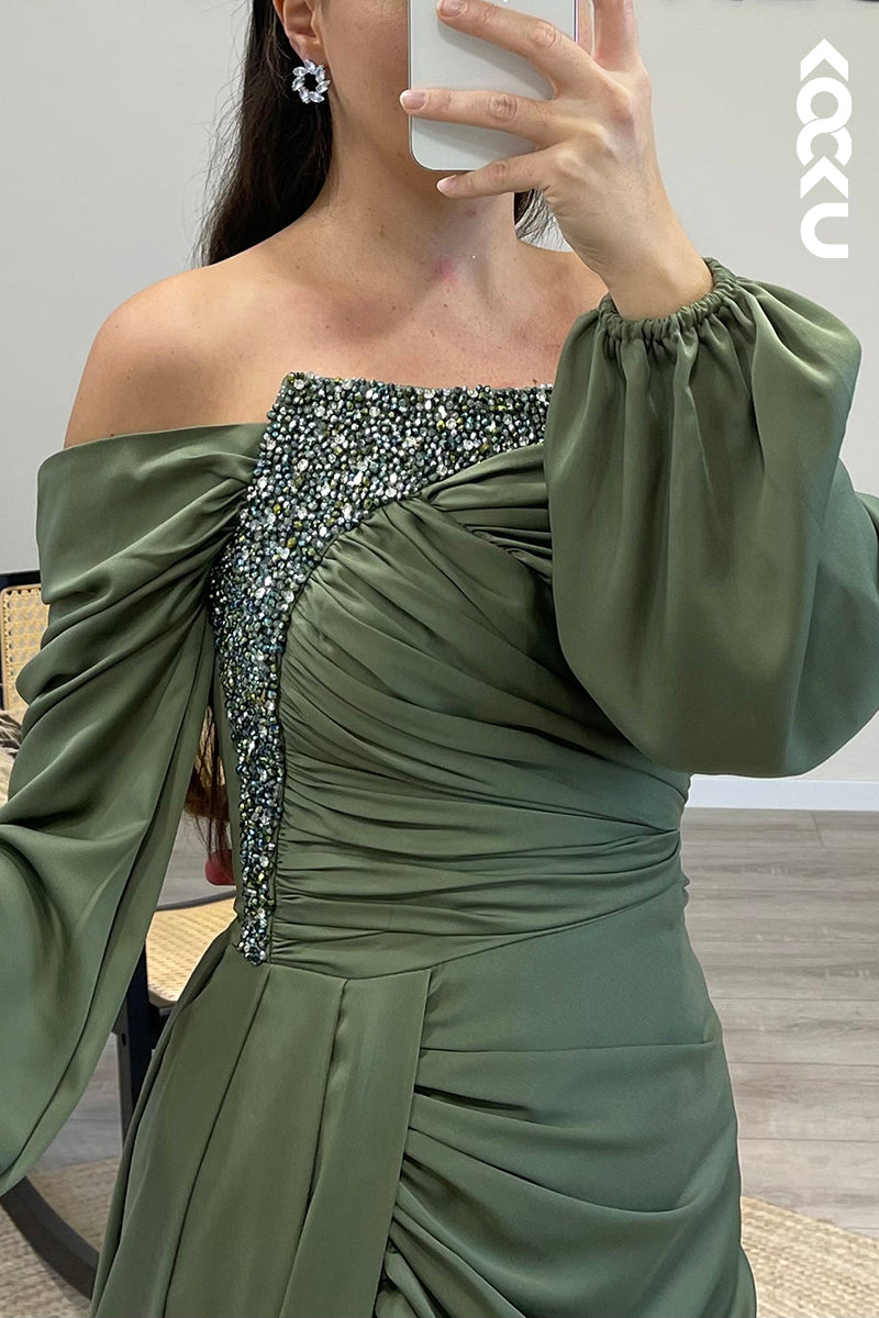 L1319 - Sheath/Column Off Shoulder Beaded Satin Long Formal Dress for Wedding