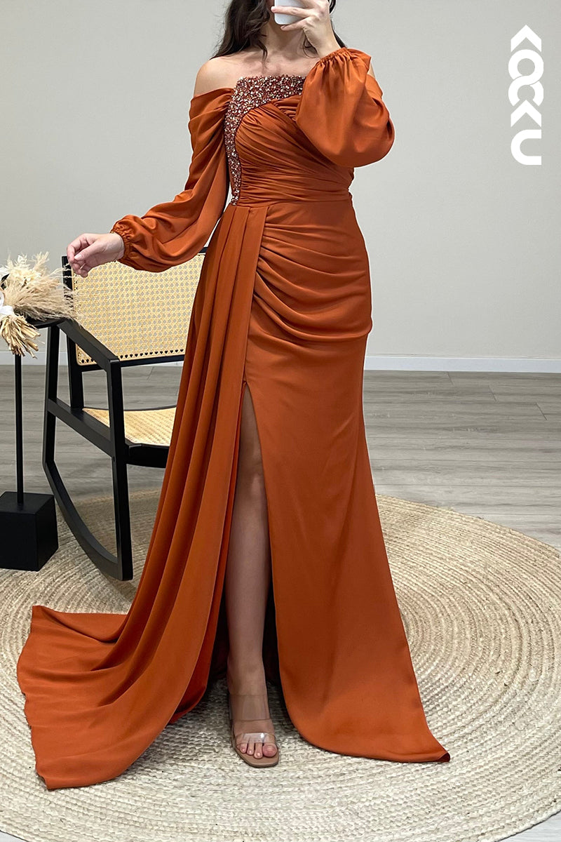 L1319 - Sheath/Column Off Shoulder Beaded Satin Long Formal Dress for Wedding