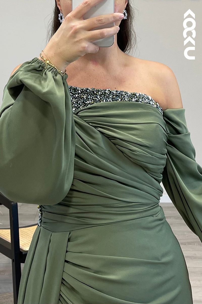 L1319 - Sheath/Column Off Shoulder Beaded Satin Long Formal Dress for Wedding