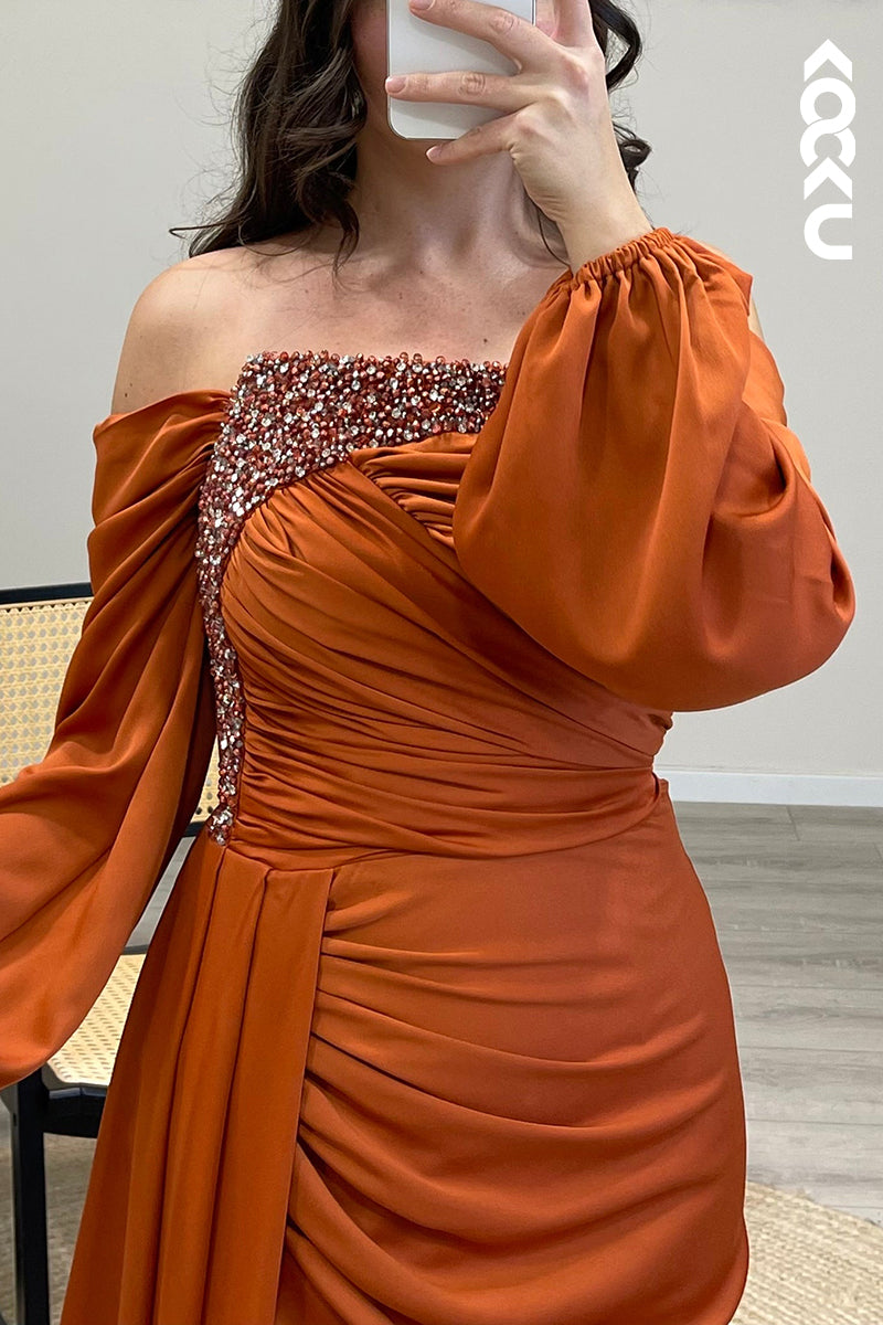 L1319 - Sheath/Column Off Shoulder Beaded Satin Long Formal Dress for Wedding