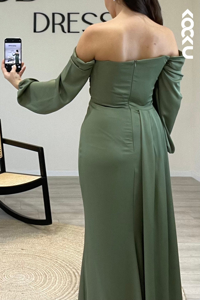 L1319 - Sheath/Column Off Shoulder Beaded Satin Long Formal Dress for Wedding
