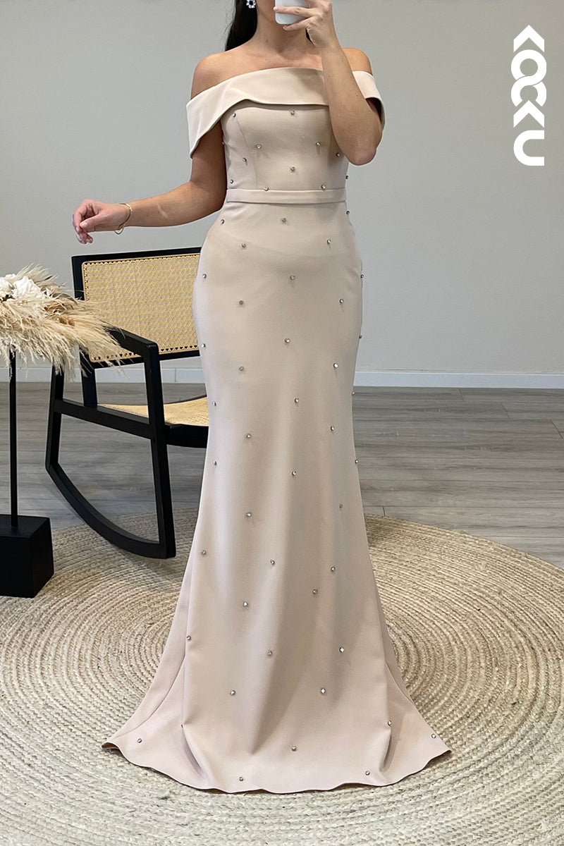 L1321 - Mermaid/Trumpet Off Shoulder Beaded Satin Long Formal Evening Dress
