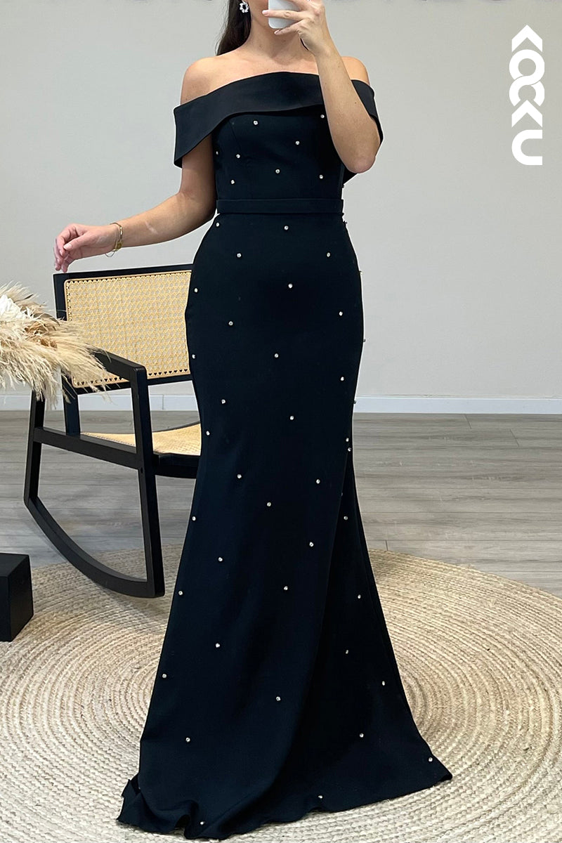 L1321 - Mermaid/Trumpet Off Shoulder Beaded Satin Long Formal Evening Dress