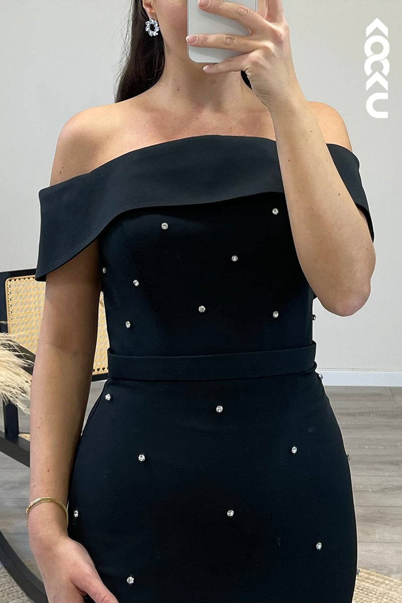 L1321 - Mermaid/Trumpet Off Shoulder Beaded Satin Long Formal Evening Dress