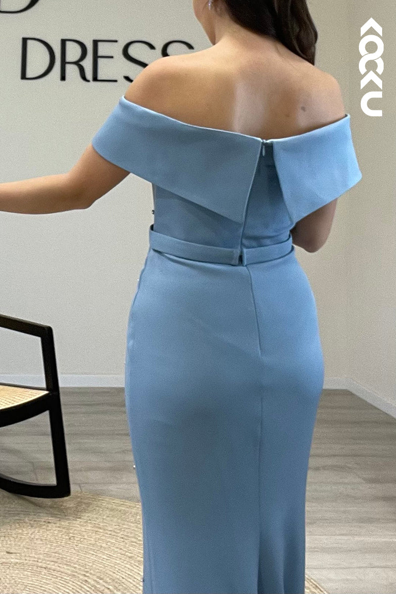 L1321 - Mermaid/Trumpet Off Shoulder Beaded Satin Long Formal Evening Dress