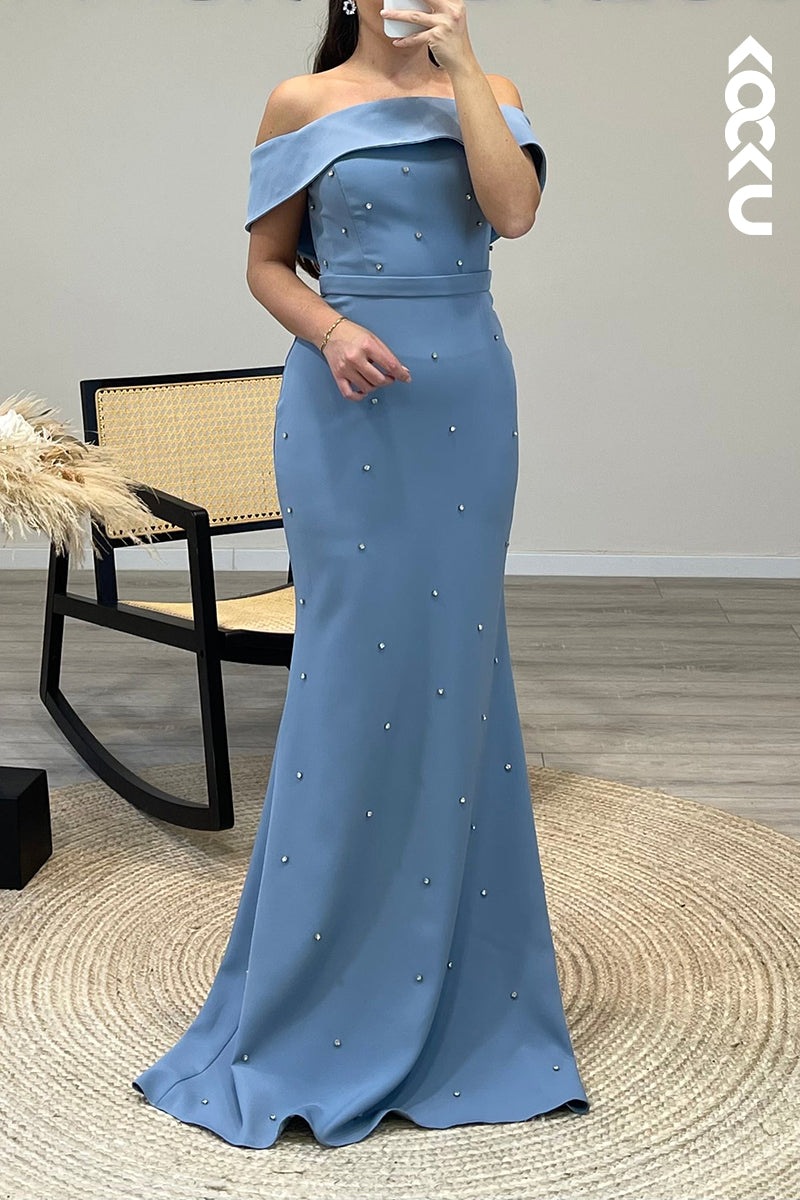 L1321 - Mermaid/Trumpet Off Shoulder Beaded Satin Long Formal Evening Dress