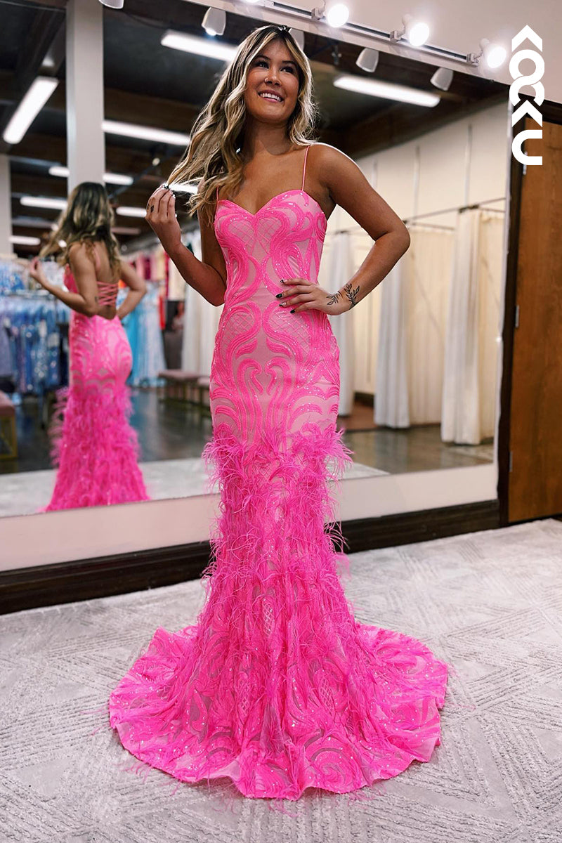 L1326 - Trumpet/Mermaid Sweetheart Lace Sequins Feathers Prom Evening Formal Dress