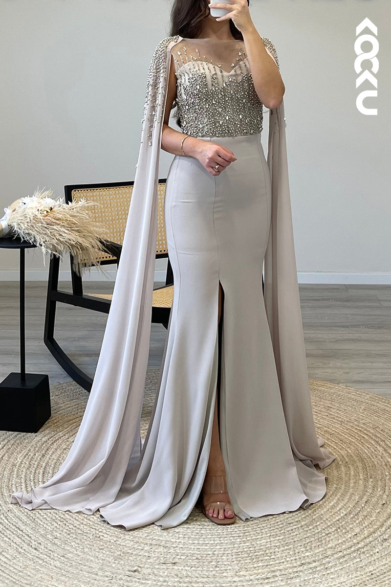 L1327 - Mermaid/Trumpet Illusion Cap Sleeves Beaded Satin Long Semi Formal Dress