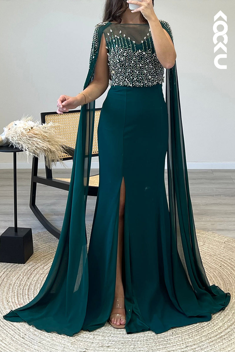 L1327 - Mermaid/Trumpet Illusion Cap Sleeves Beaded Satin Long Semi Formal Dress