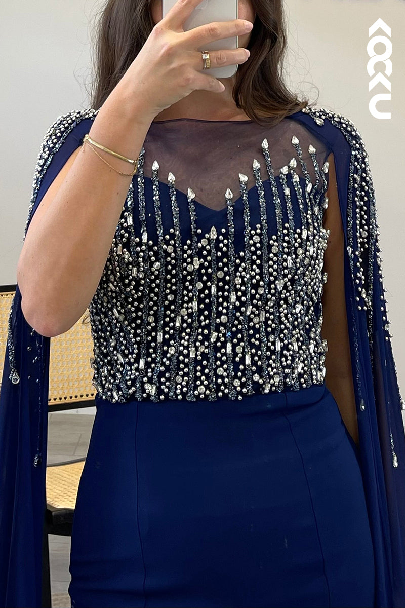 L1327 - Mermaid/Trumpet Illusion Cap Sleeves Beaded Satin Long Semi Formal Dress