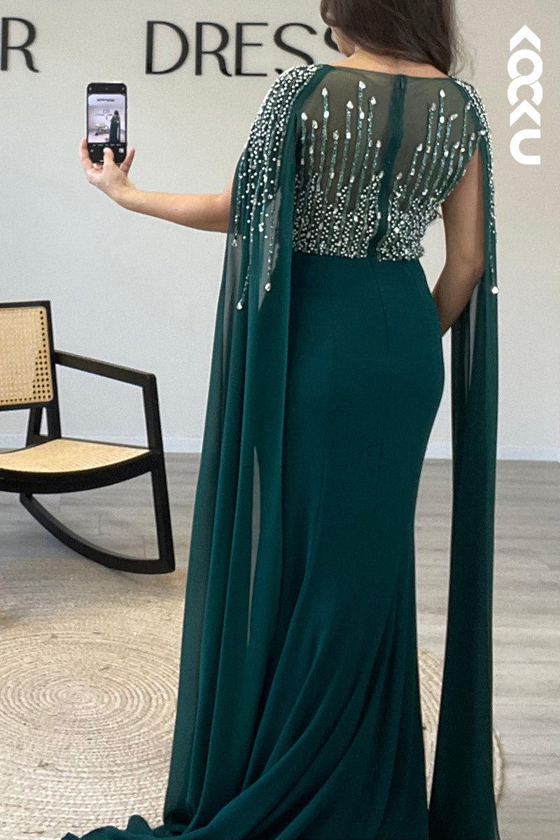 L1327 - Mermaid/Trumpet Illusion Cap Sleeves Beaded Satin Long Semi Formal Dress