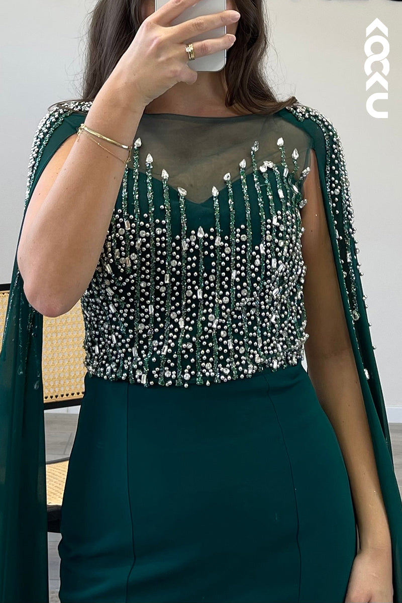 L1327 - Mermaid/Trumpet Illusion Cap Sleeves Beaded Satin Long Semi Formal Dress