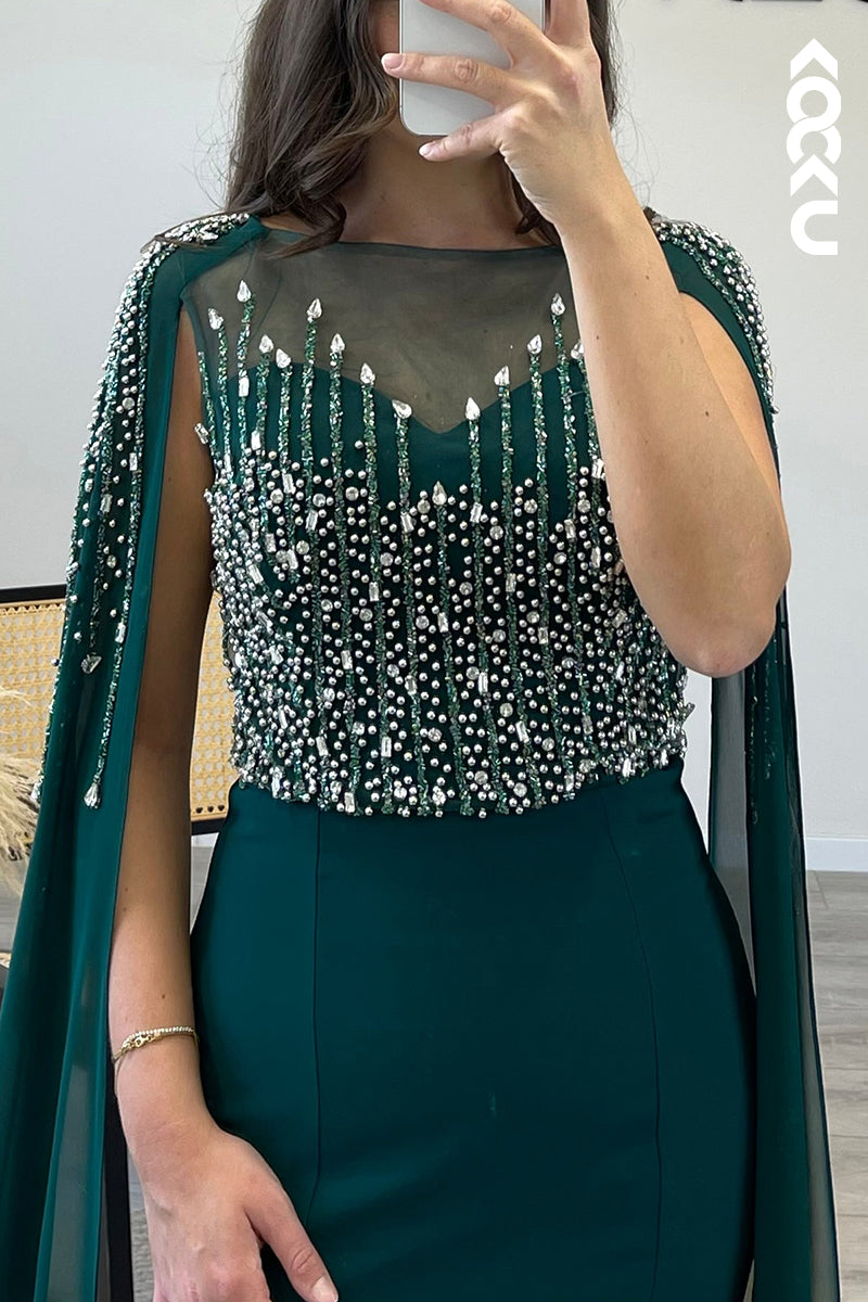 L1327 - Mermaid/Trumpet Illusion Cap Sleeves Beaded Satin Long Semi Formal Dress