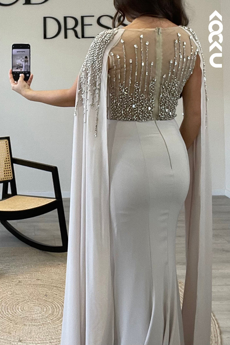 L1327 - Mermaid/Trumpet Illusion Cap Sleeves Beaded Satin Long Semi Formal Dress