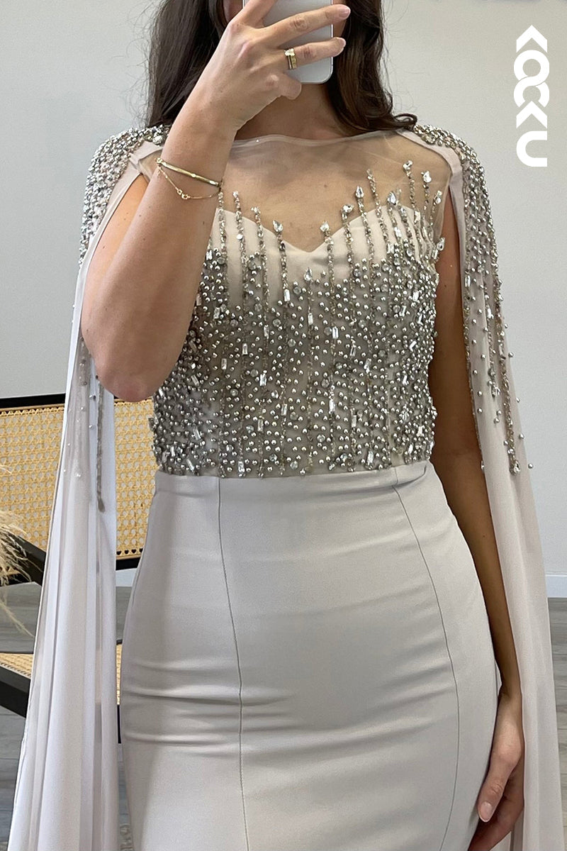 L1327 - Mermaid/Trumpet Illusion Cap Sleeves Beaded Satin Long Semi Formal Dress