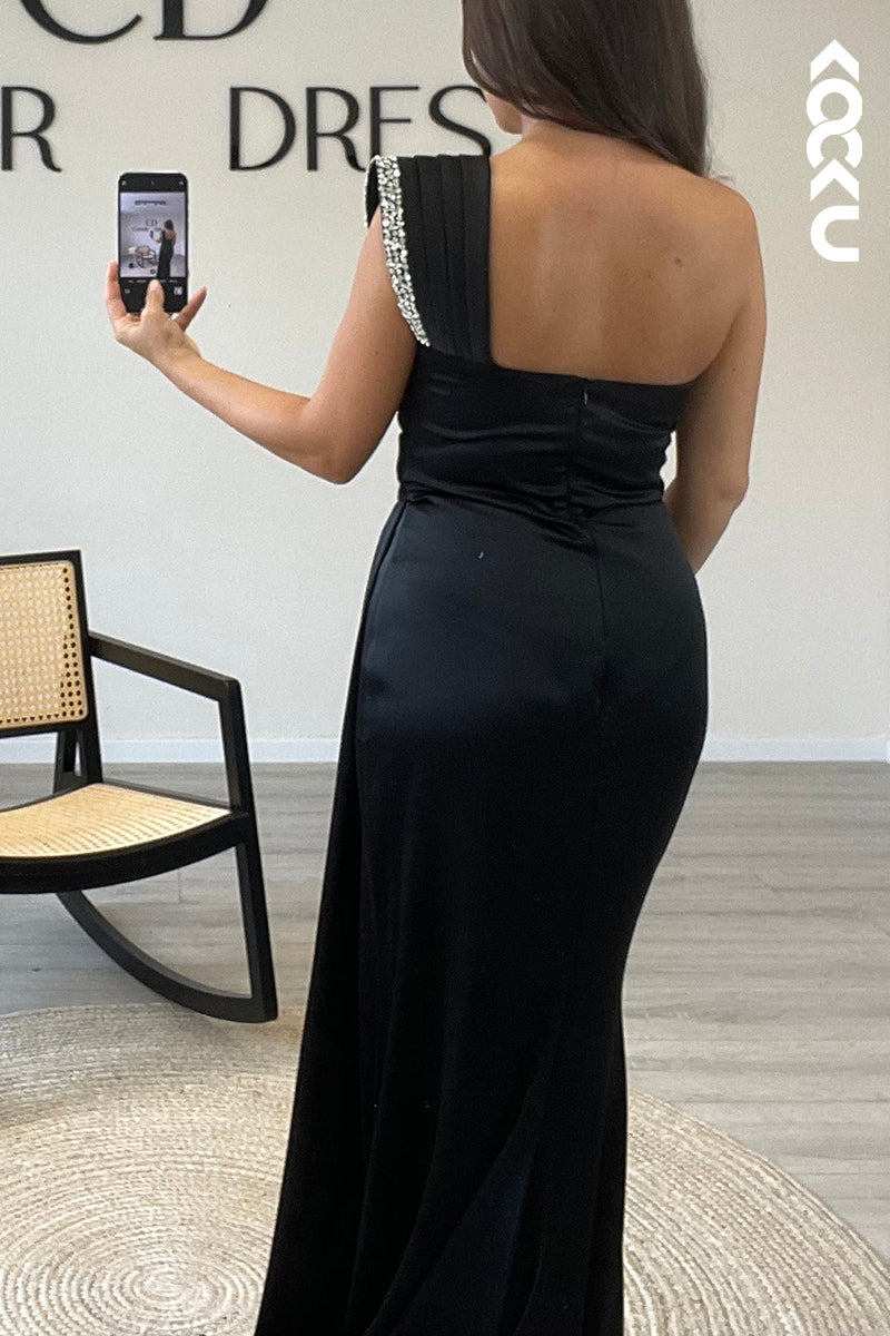 L1329 - Sheath/Column One Shoulder Beaded Satin Pleated Long Formal Dress