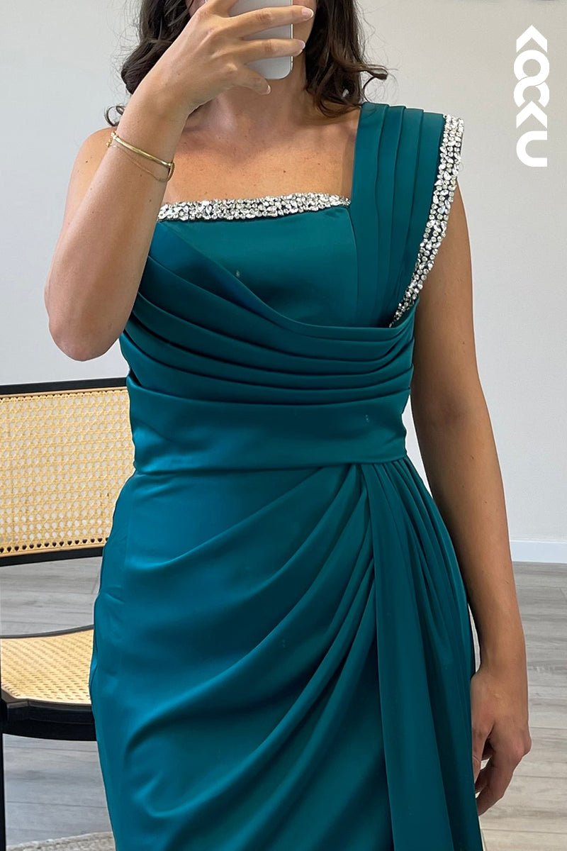L1329 - Sheath/Column One Shoulder Beaded Satin Pleated Long Formal Dress