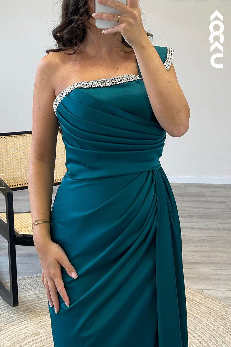 L1329 - Sheath/Column One Shoulder Beaded Satin Pleated Long Formal Dress