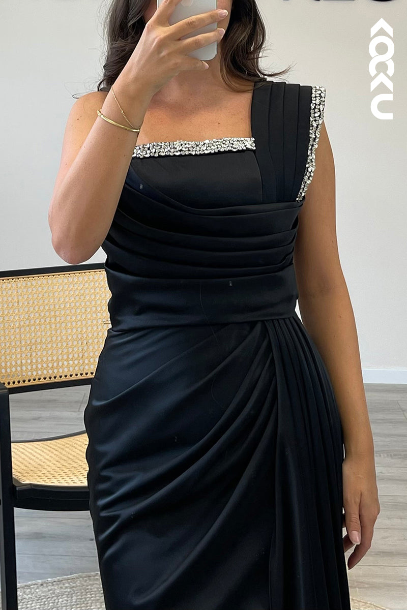L1329 - Sheath/Column One Shoulder Beaded Satin Pleated Long Formal Dress