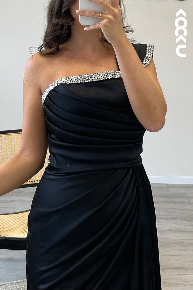 L1329 - Sheath/Column One Shoulder Beaded Satin Pleated Long Formal Dress