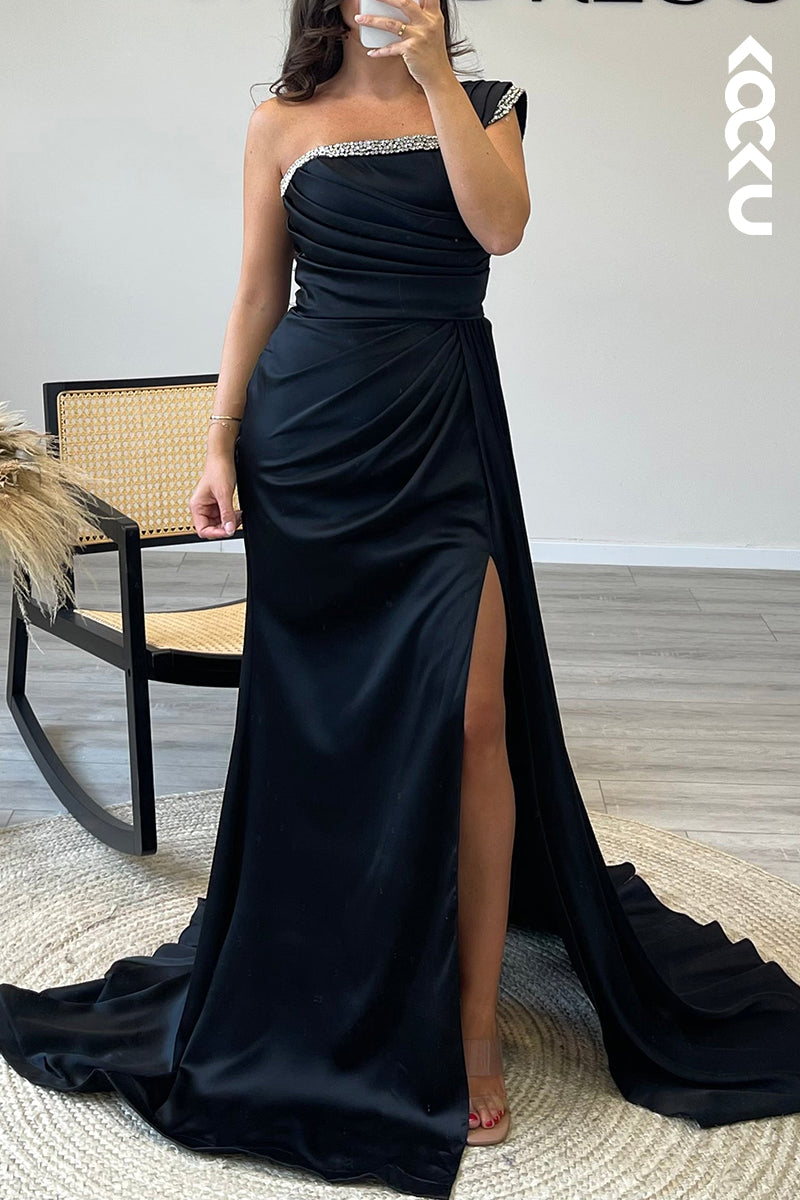 L1329 - Sheath/Column One Shoulder Beaded Satin Pleated Long Formal Dress